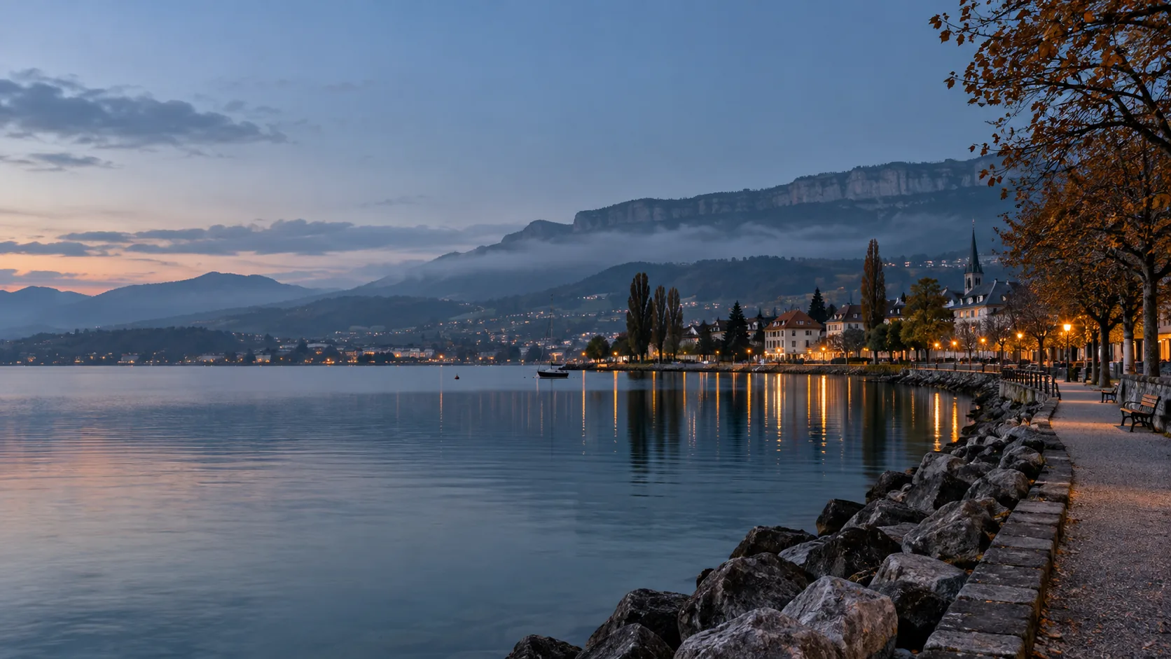 Quai calme au bord d’un lac suisse à l’heure bleue, image d’ambiance régionale et non photographie d’un casino